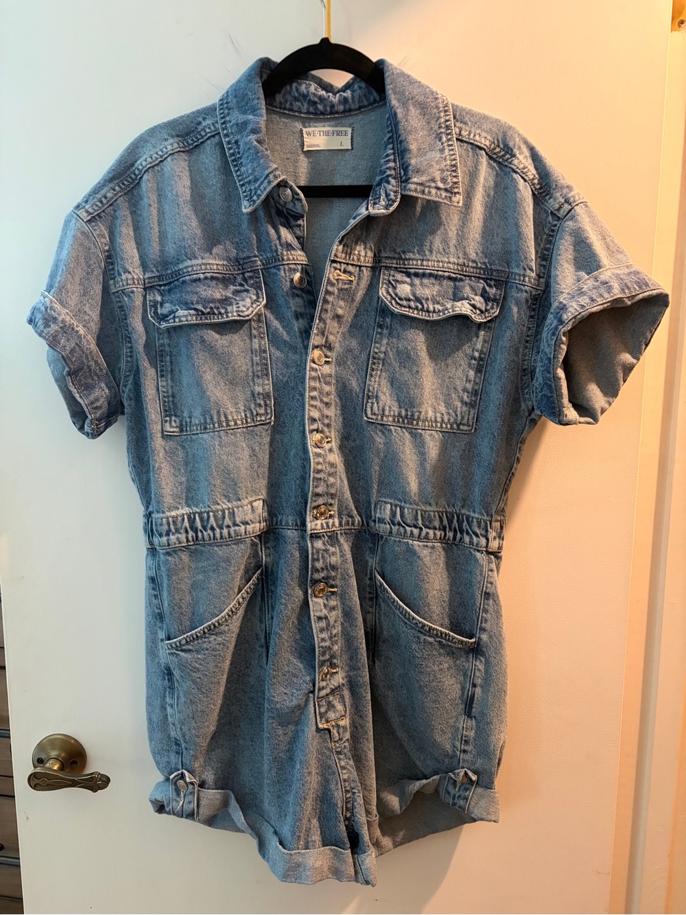 Free People Denim Romper - Short Sleeve Button Front